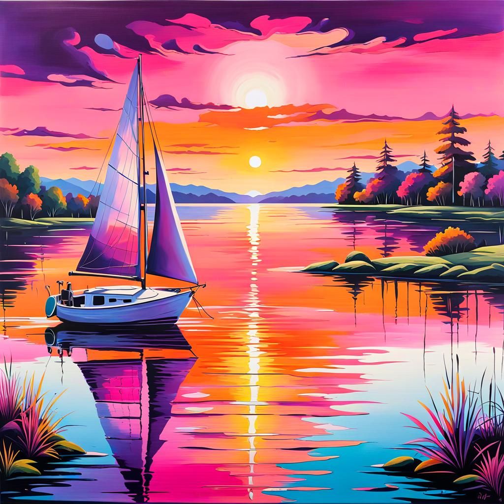 Sunset Over Lake in Graffiti Art Style