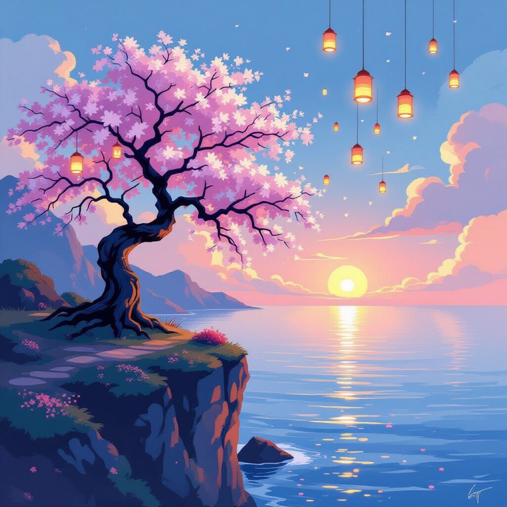 Ancient Cherry Blossom Tree Overlooking Ocean with Ethereal ...