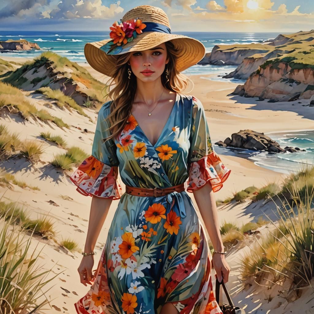Woman in Floral Dress at the Dunes, Watercolor