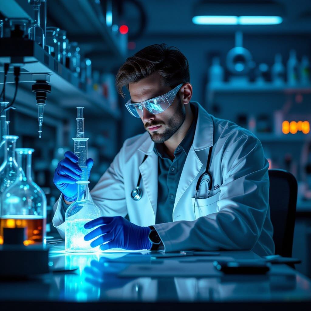 Doctor in Futuristic Lab Examining Glowing Vials