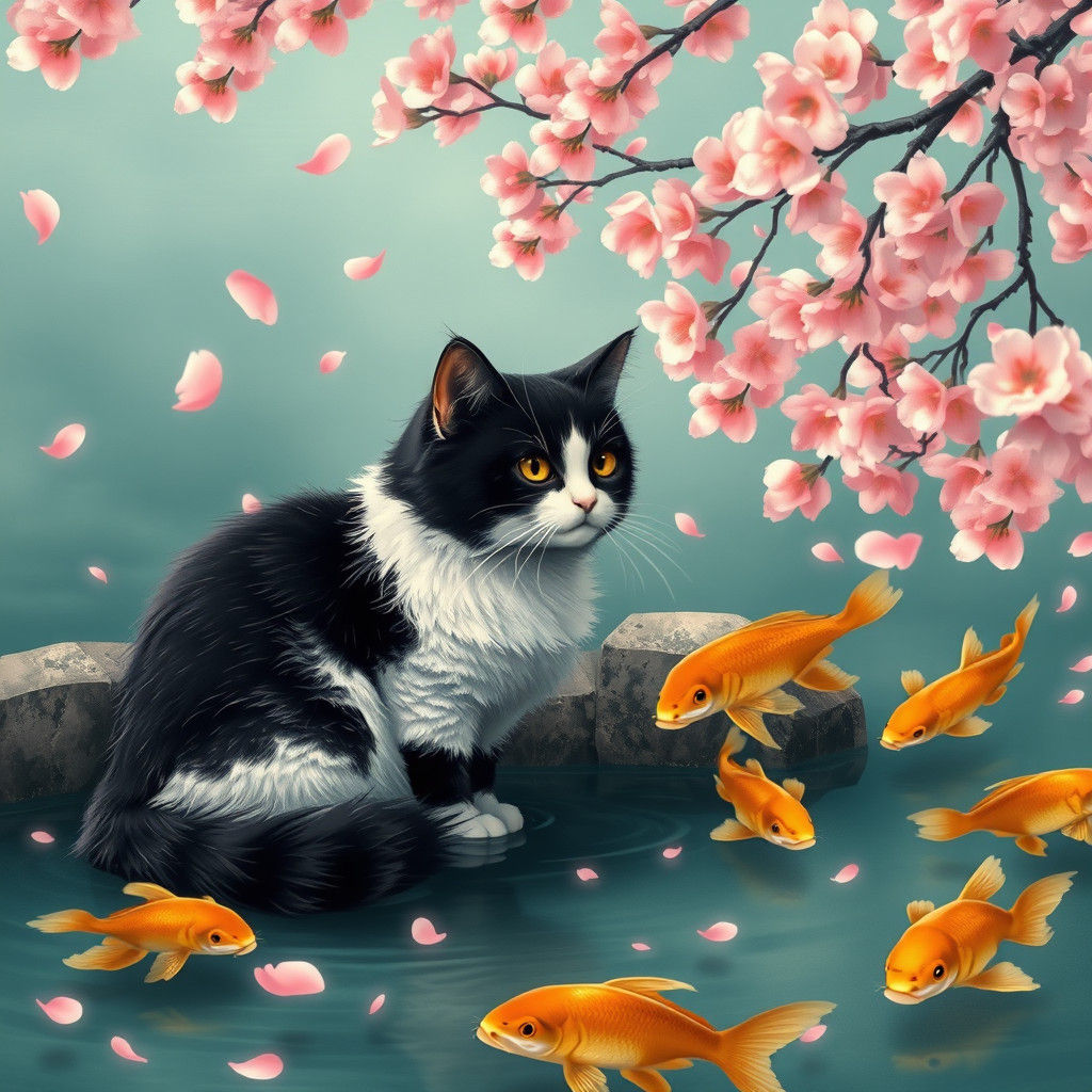 Cat and Carp Pond in Ukiyo-e Japanese Style