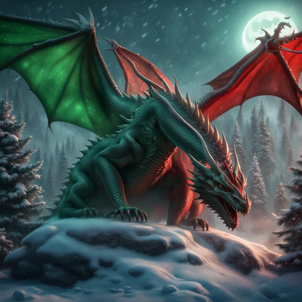 Festive Dragon with Christmas Tree in Hyperrealism