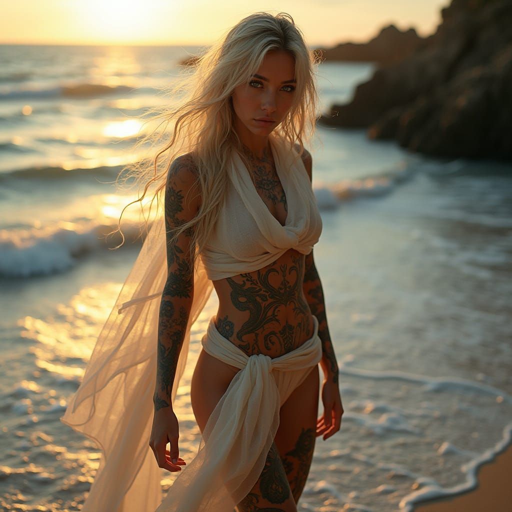 Siren in Sunset Glow, Elegant Tattooed Goddess of the Ocean
