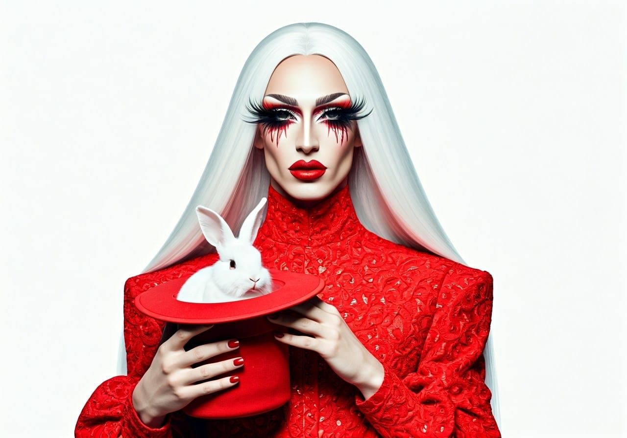Glamorous Figure with Red Attire and White Rabbit