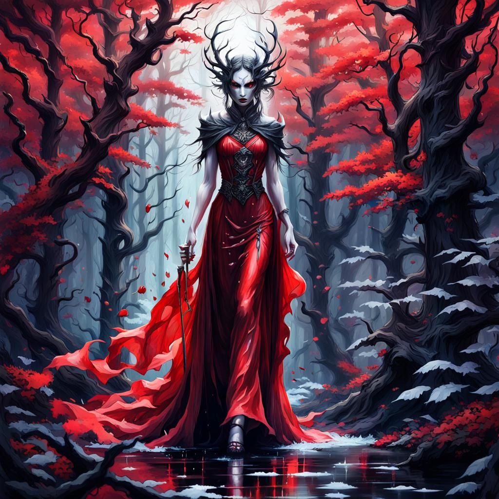 Ethereal Demon in Sinister Forest: Bleeding Watercolor Art