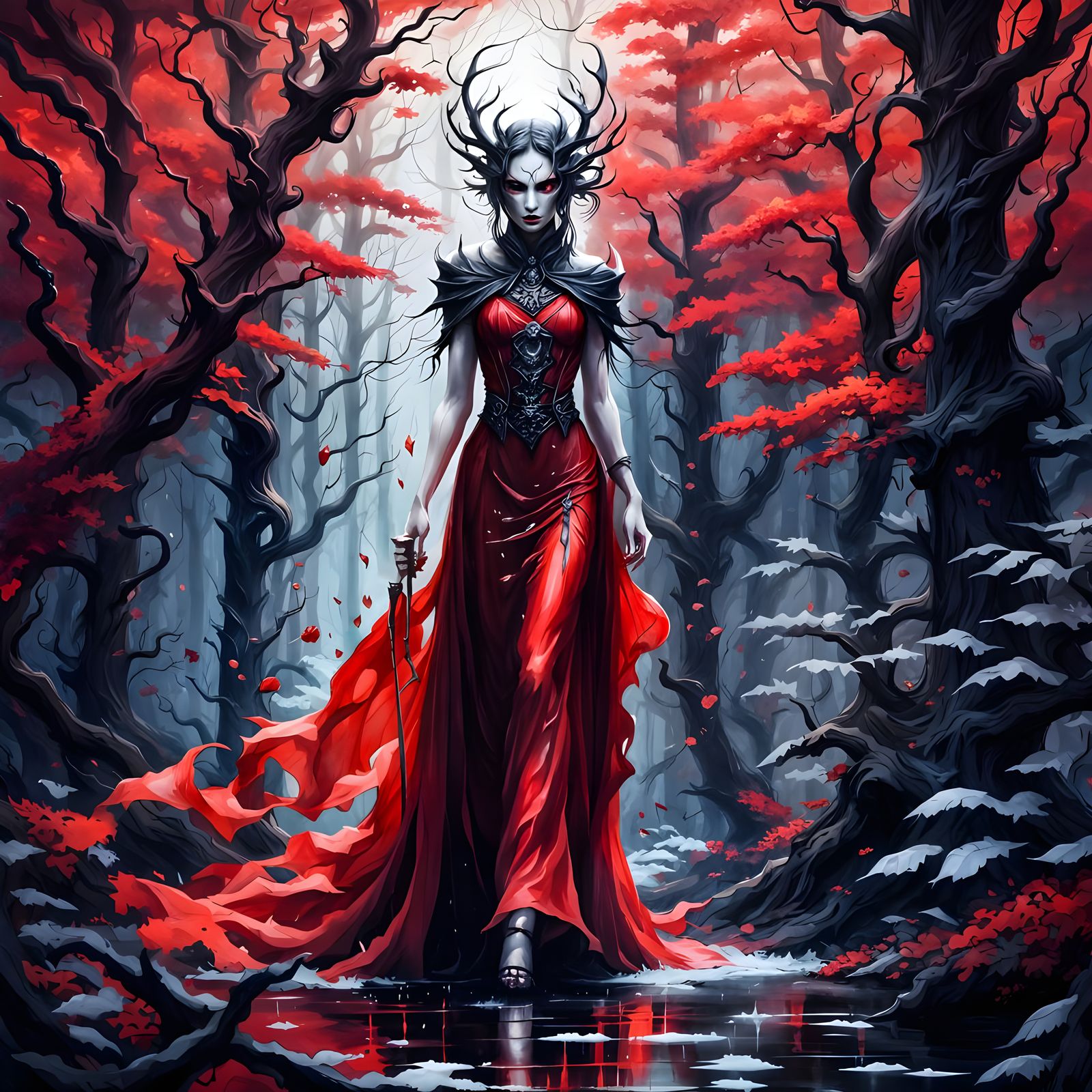 Ethereal Demon in Sinister Forest: Bleeding Watercolor Art