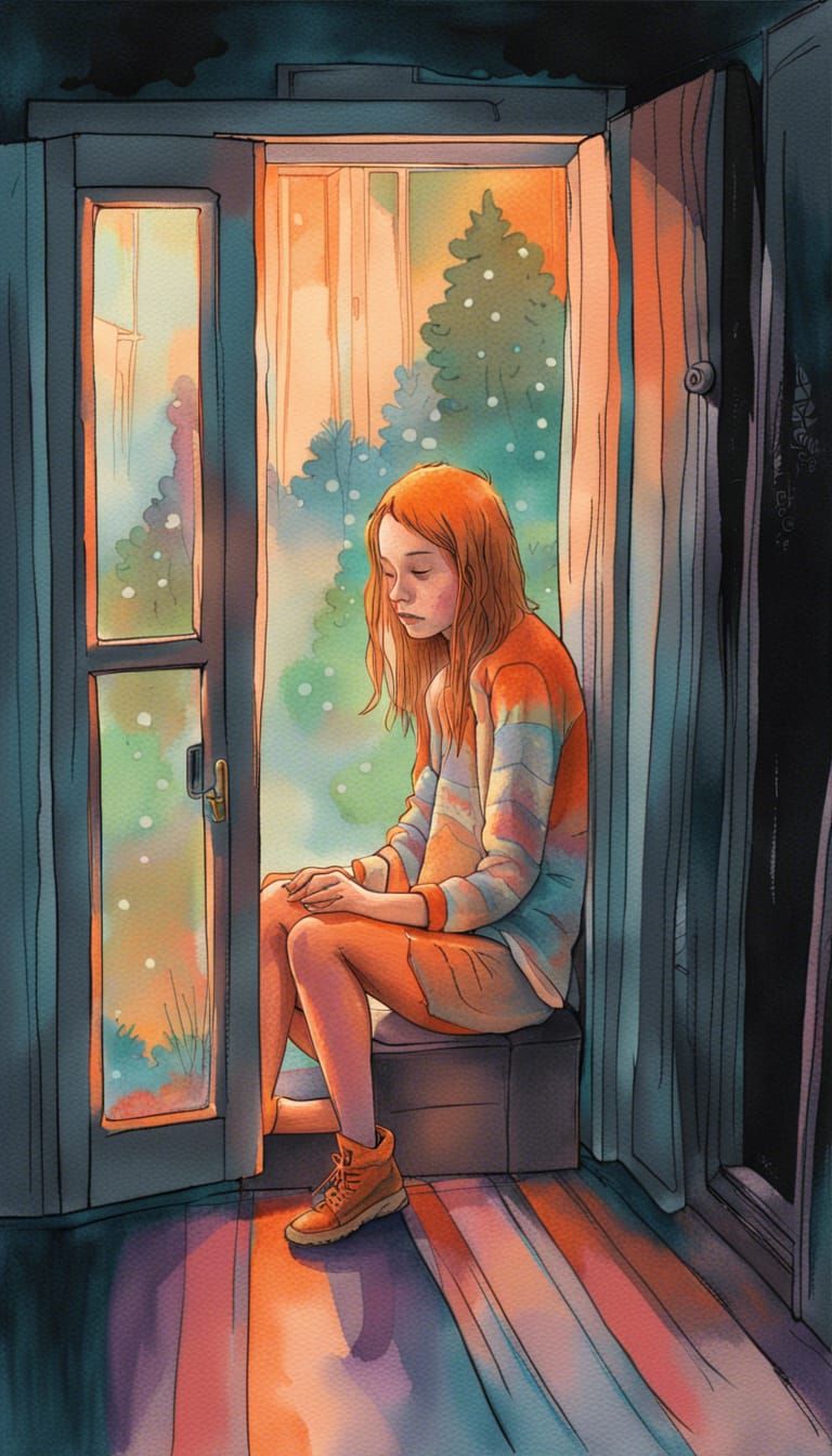 Ethereal Girl Gazing at Foggy Trees: Watercolor Illustration
