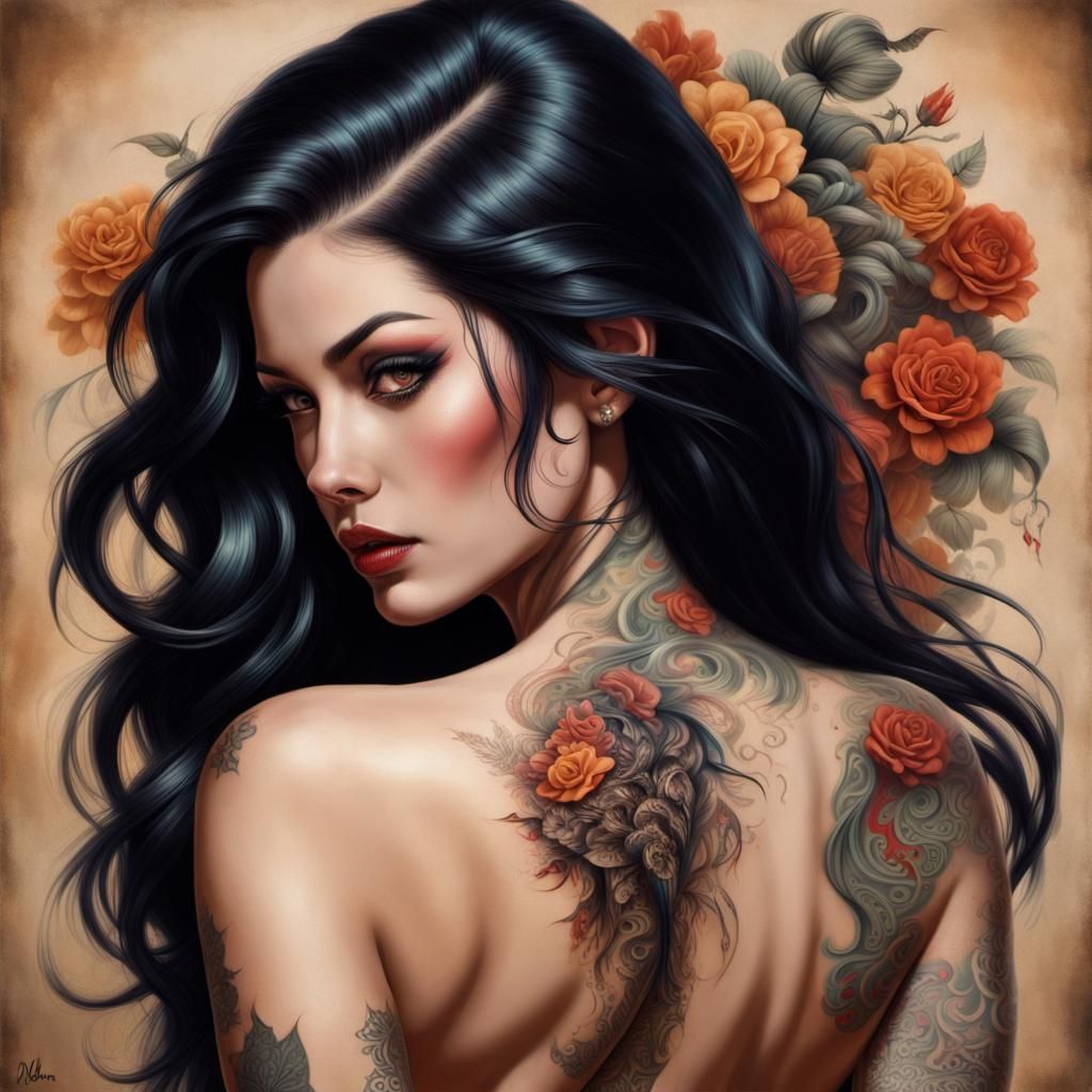 A  behind shot portrait of an exquisite tattooed woman