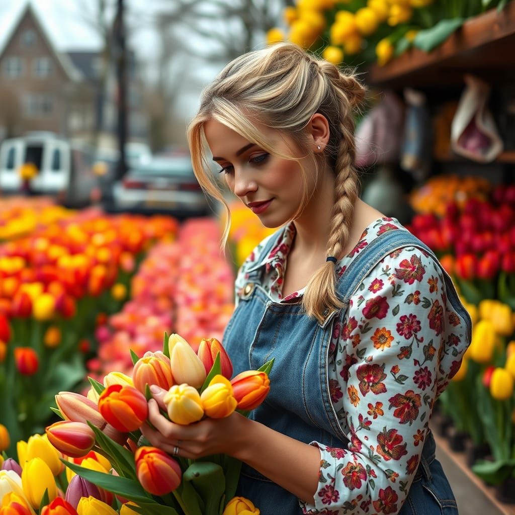 Dutch Woman in Vibrant Tulip Fields