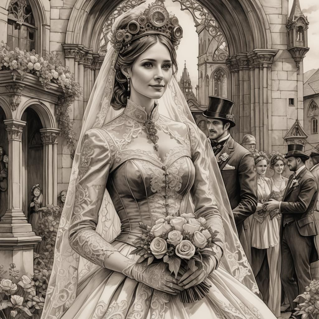 Steampunk Wedding Pencil Sketch with Airship