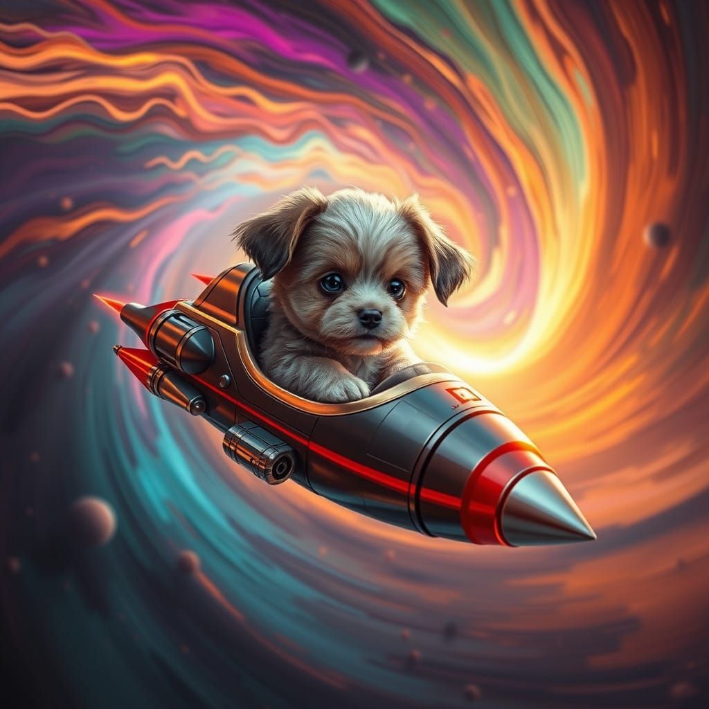 Adorable Puppy in Futuristic Rocket Ship in Space