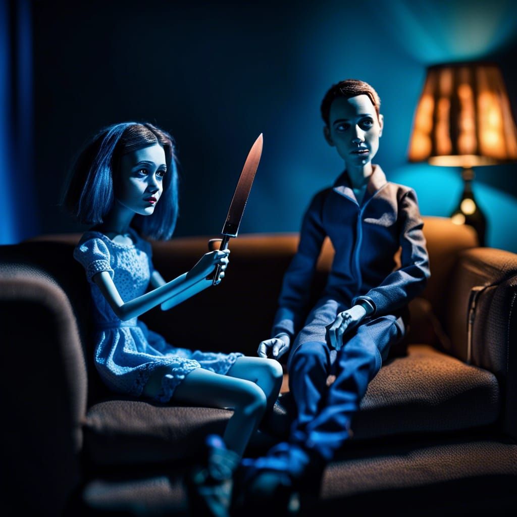 Creepy Marionette Doll with Knife in Shadows