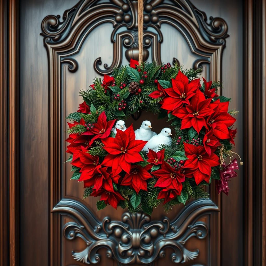 Lush Christmas Wreath with Poinsettias and Doves