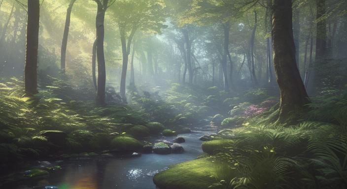 Luminous Forest with Rainbow Light, Astral Illustration