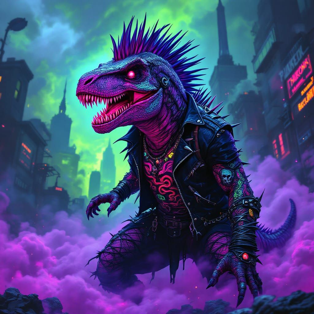 Punk Rock T-Rex in Dystopian Cityscape