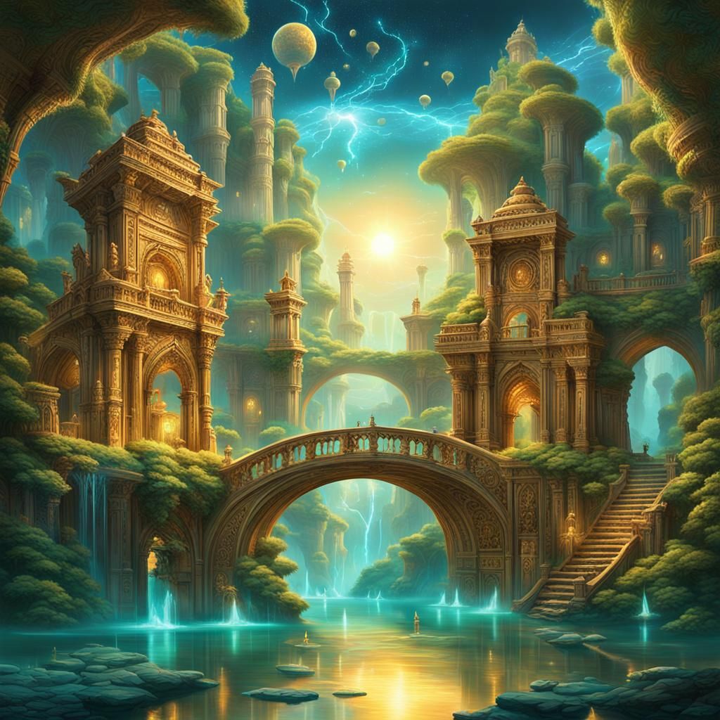 Utopian World with Floating Islands and Galaxies