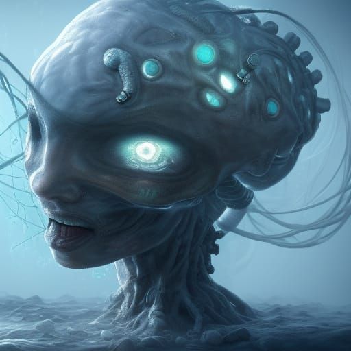 Epic Floating Brain Monster in Biopunk Style