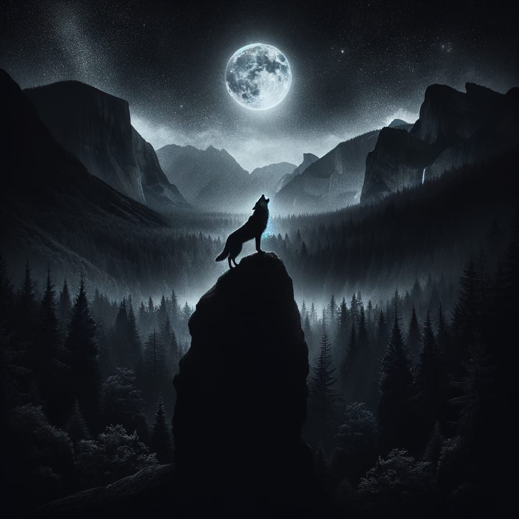 Wolf Howling at Moonlit Mountain