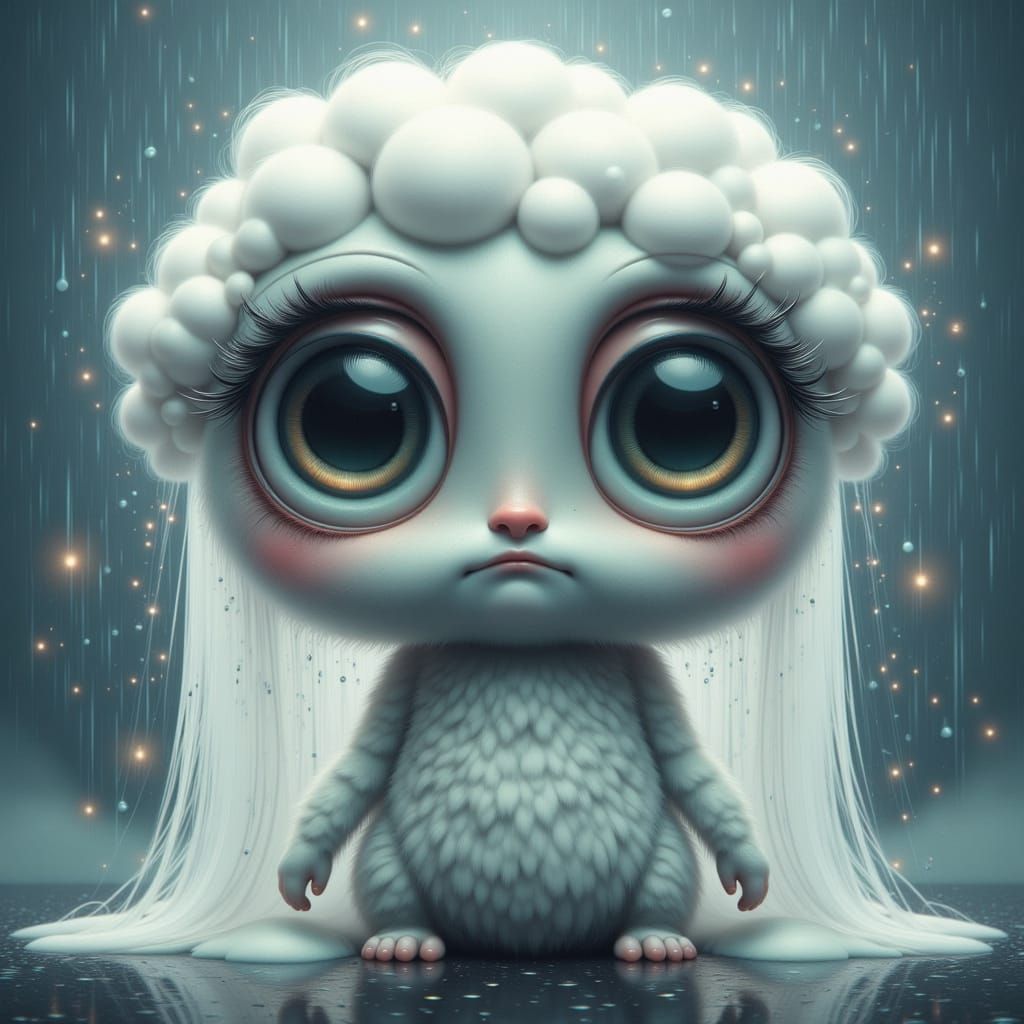 Sad Raincloud Character in Dreamy Digital Art Style