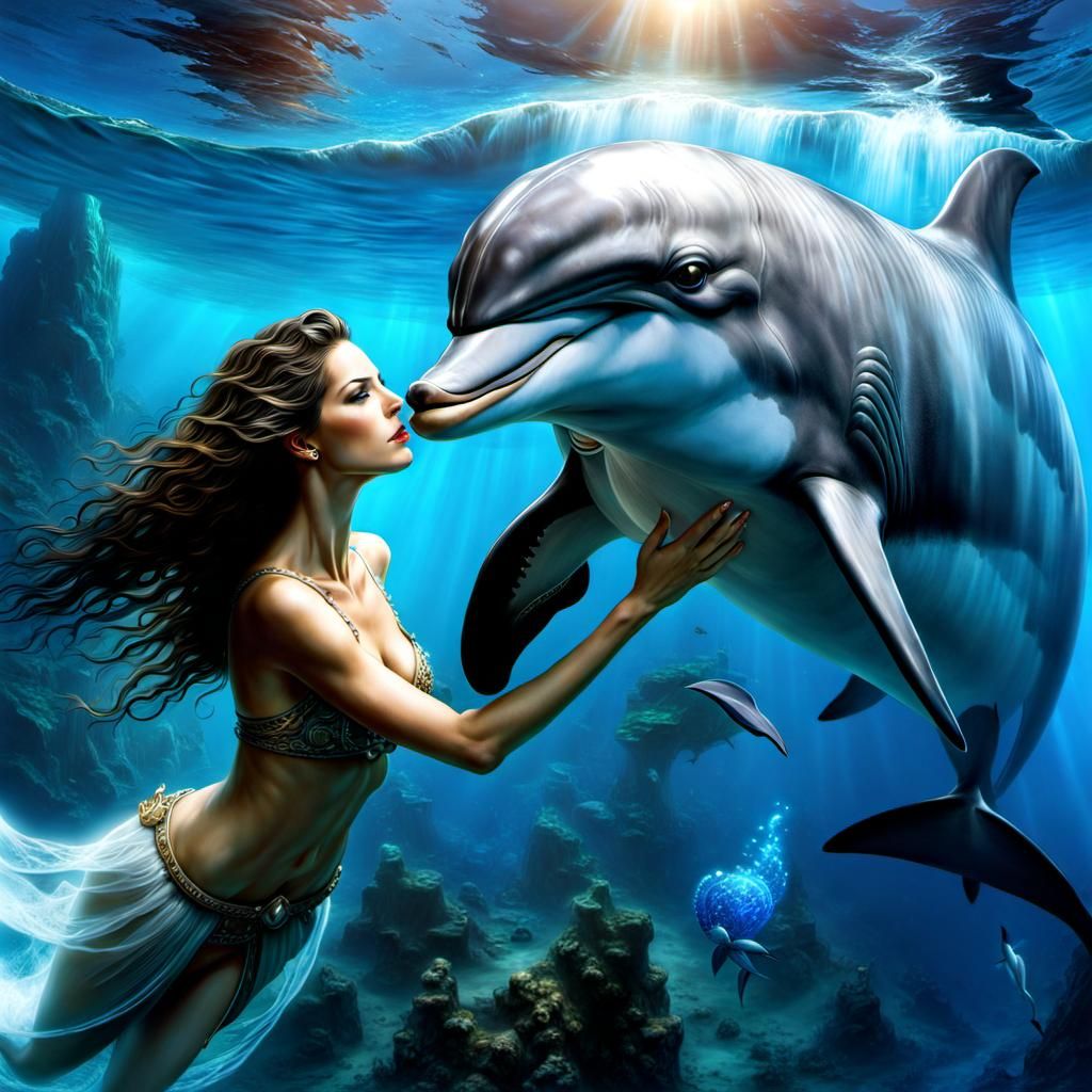 Woman and Dolphin in Detailed Fantasy Art