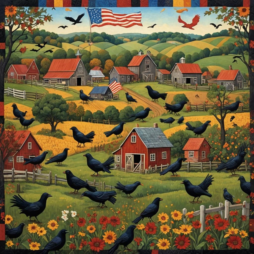 Warm Countryside Scene with Crows and Quilted Patterns in Fo...