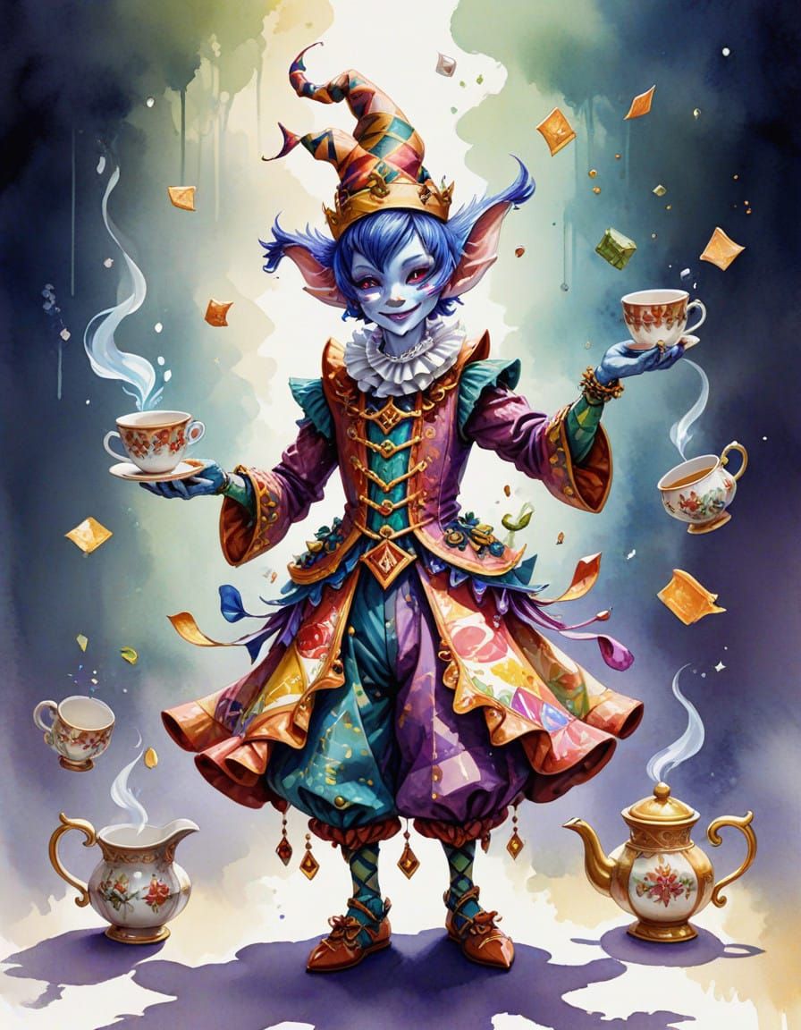 Whimsical Imp Jester Juggles Tea Cups in Vibrant Fantasy Cos...