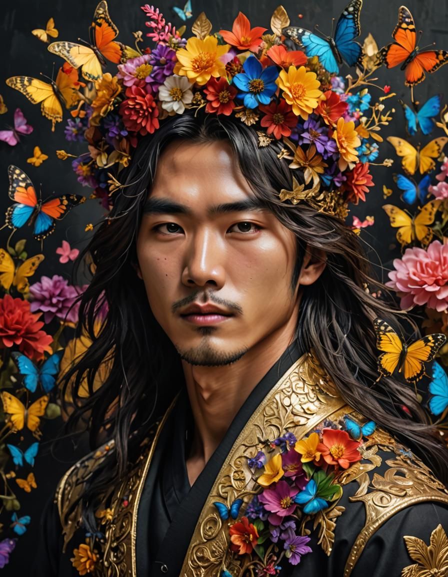 Ethereal Korean Man with Floral Crown: Digital Art