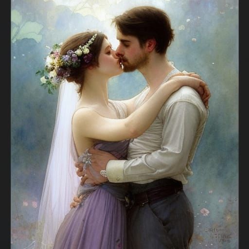 Lilac Bride and Groom's Romantic Watercolor Kiss