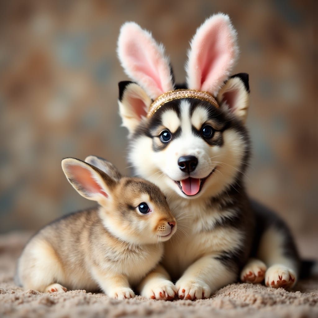 Surreal Whimsy of Puppy and Bunny Friendship
