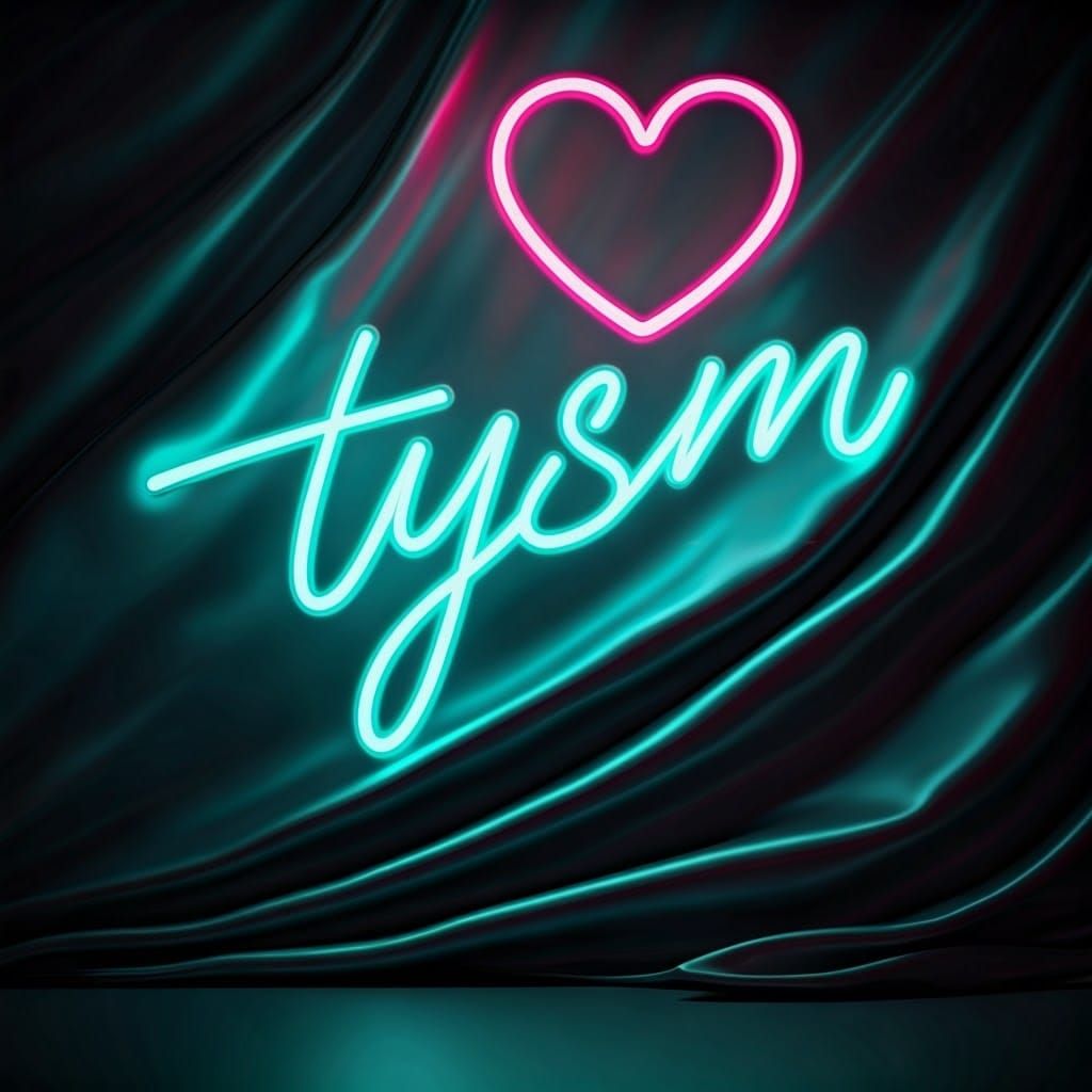 Fancy ornate large TURQUOISE AND FUCHSIA neon that says “tysm” in a curly script font with flourishes and the sleek outl...