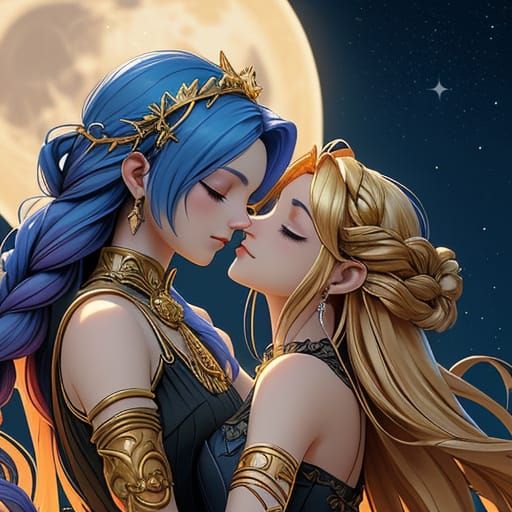 Ethereal Goddesses Embracing in a Dreamy Landscape