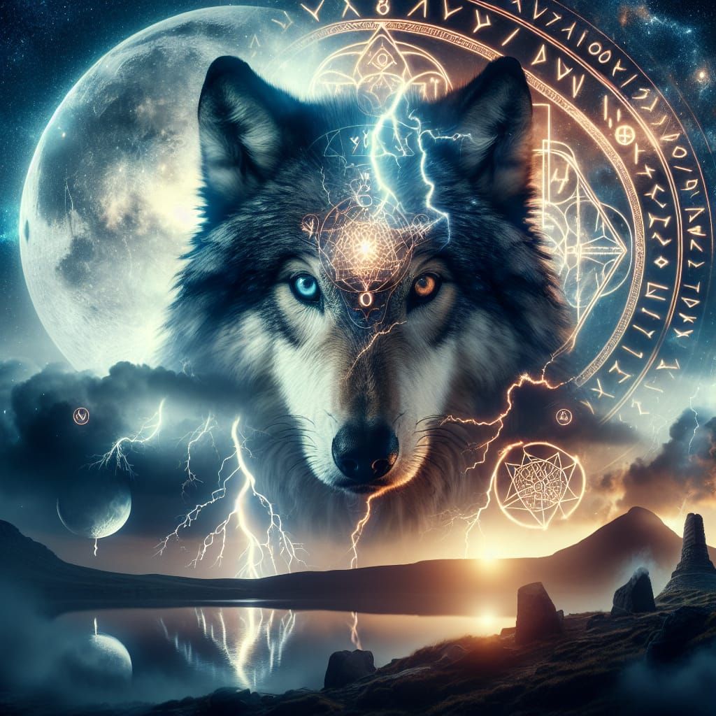 Wolf Double Exposure: Lightning, Moon, and Ancient Runes