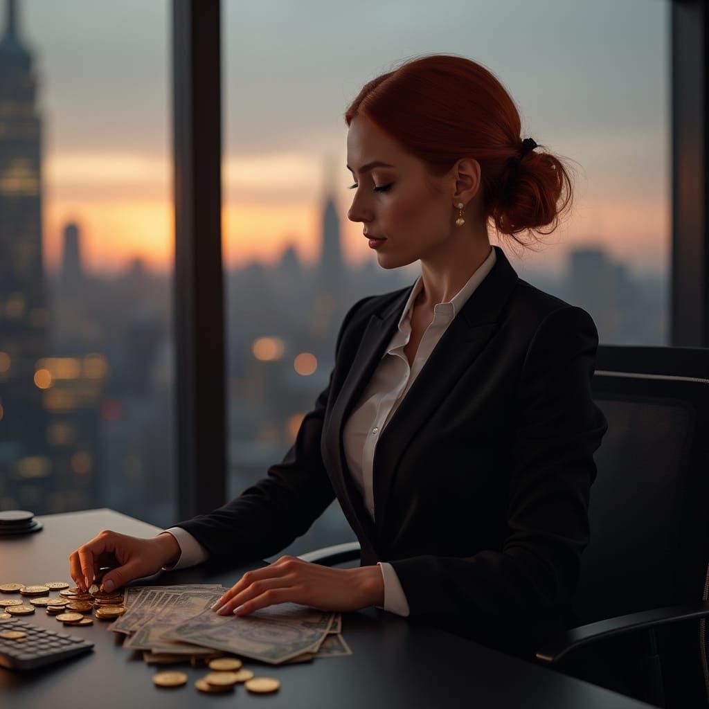 Woman Counting Money in High-Tech Office