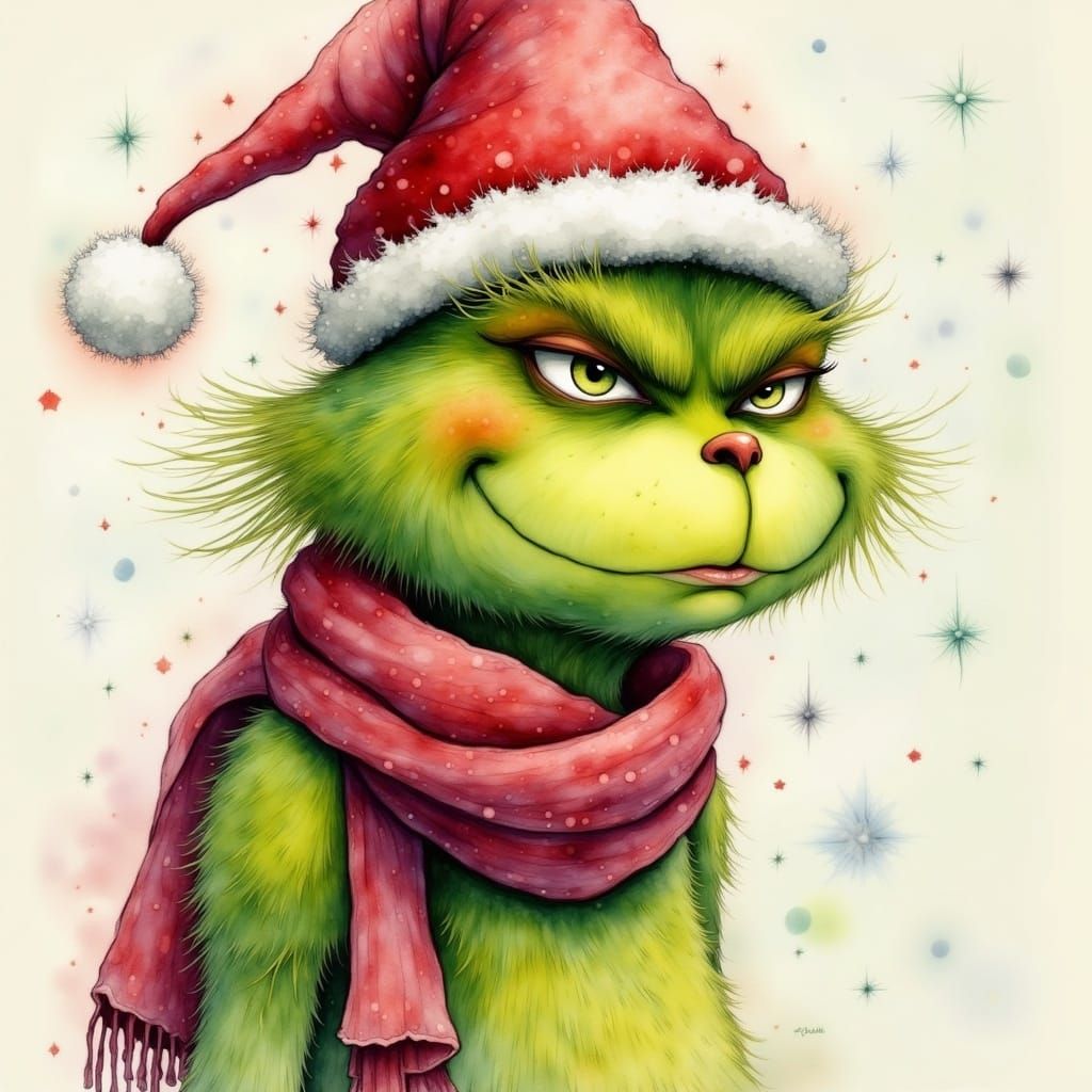 Whimsical Furry Grinch in Winter Attire