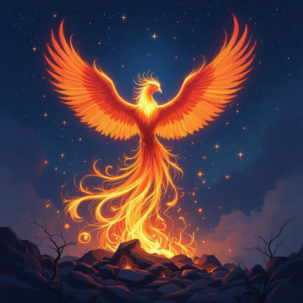 Glowing Phoenix Rises From Ashes in Digital Painting Style