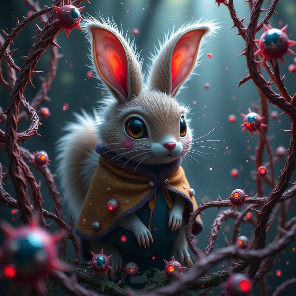 Whimsical Rabbit-Squirrel Lost in Thorny Maze
