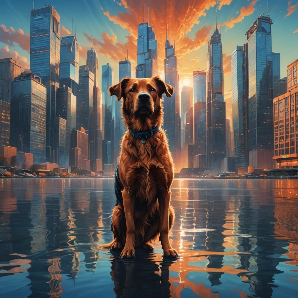 Dog Gazes at Iridescent Skyscrapers, Stalenhag Style
