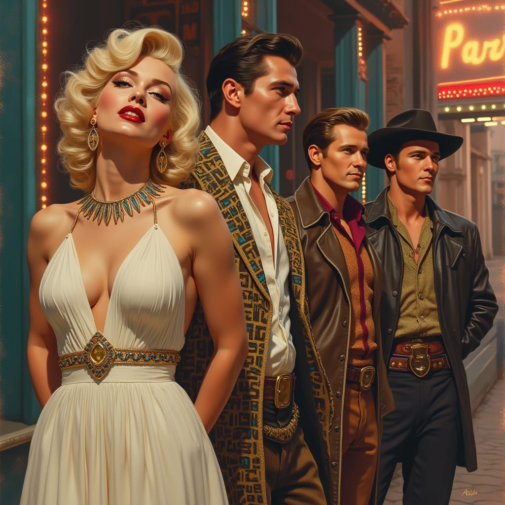 Vintage Hollywood Icons Pose in Front of a Cinema