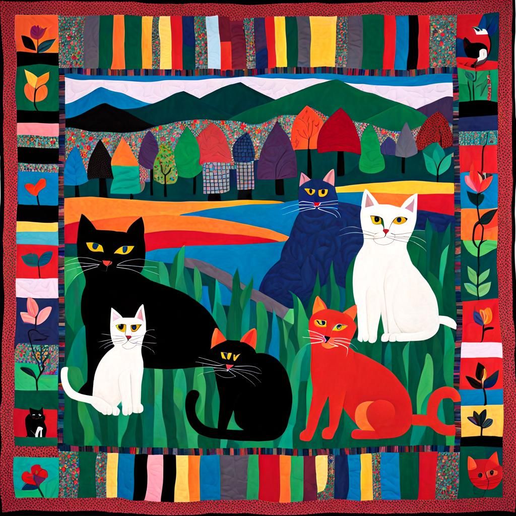 Cat story quilt in style of Faith Ringgold