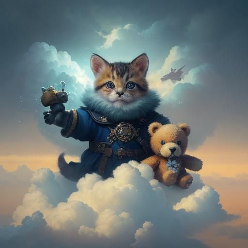 Cute Kitten with Teddy Bear in Clouds