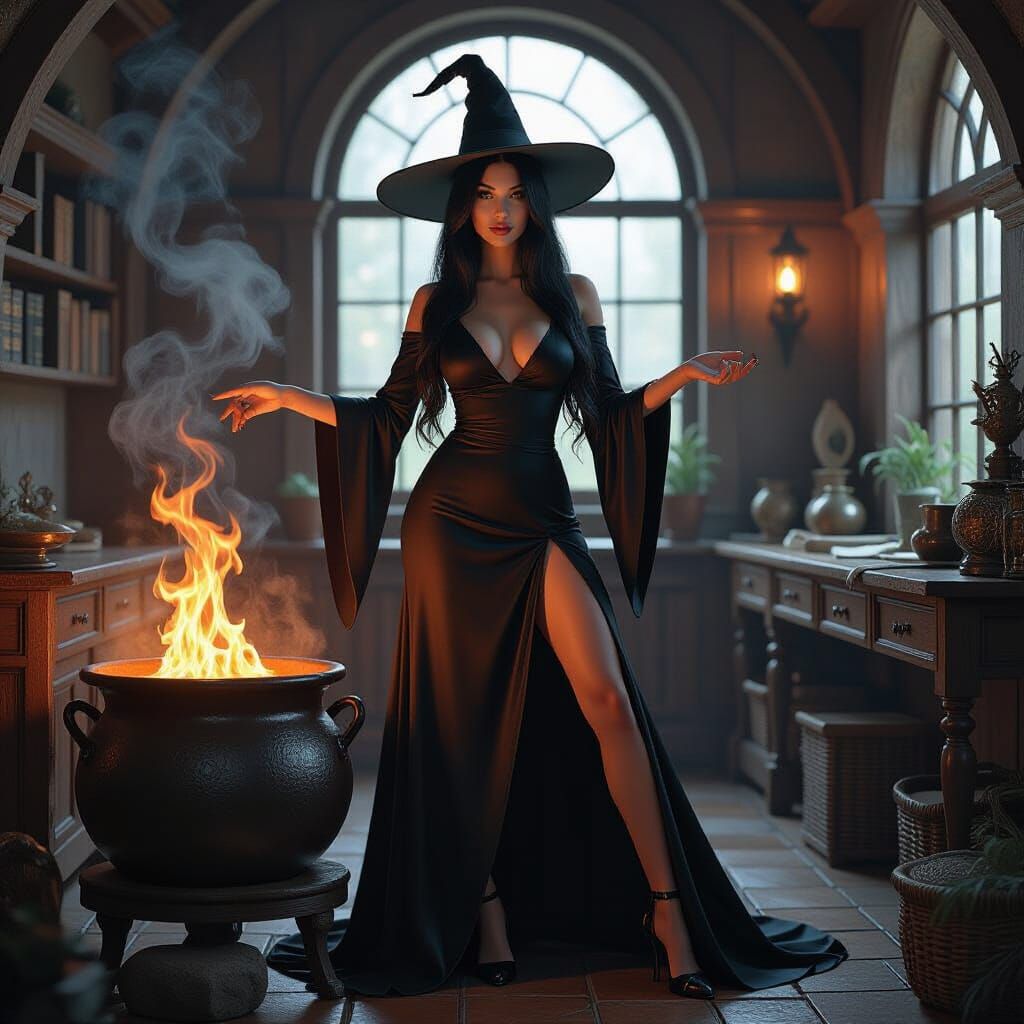 Stunning Witch Casting Spell by Cauldron in Dark Fantasy Sty...