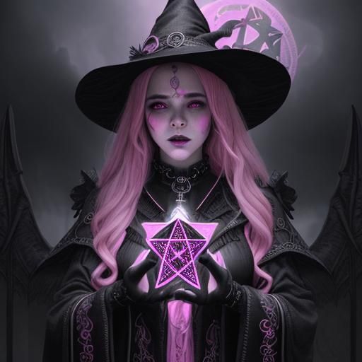 Goddess Witch Pentacle Line Art in Pink and Black