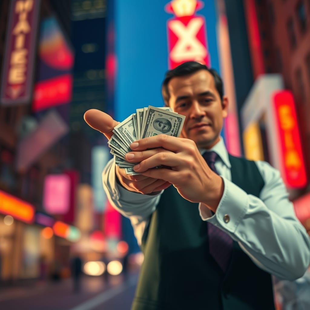 Futuristic Figure Receives Payment in Cityscape