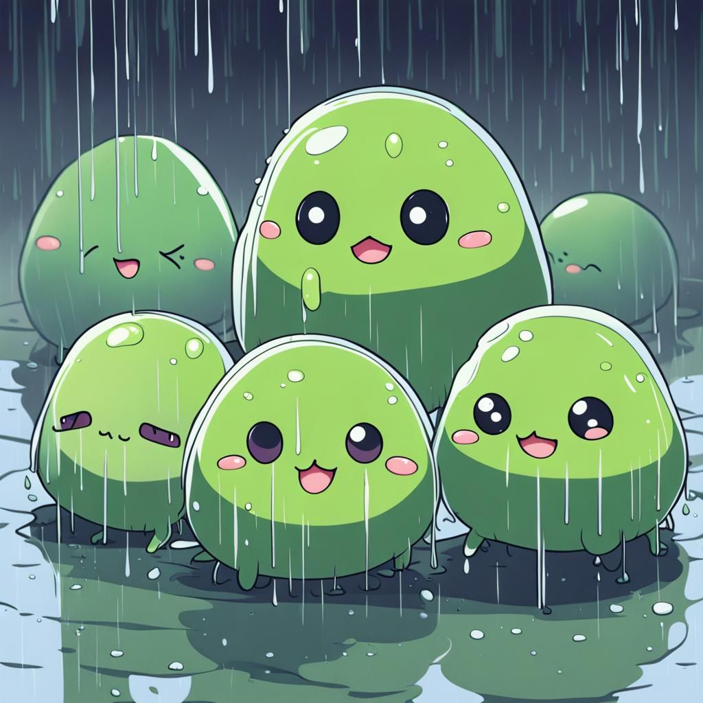 Cute Little Slimes Hiding from the Rain in Anime Style