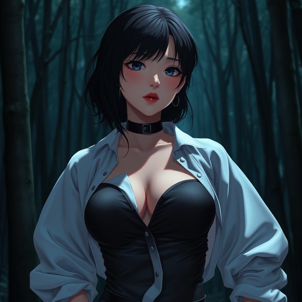 Goth Woman in Forest: Anime-Inspired 3D Art