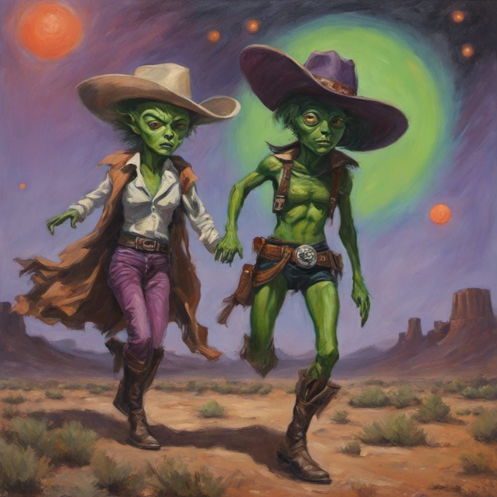 Alien Cowboy and Cowgirl at Crash Site