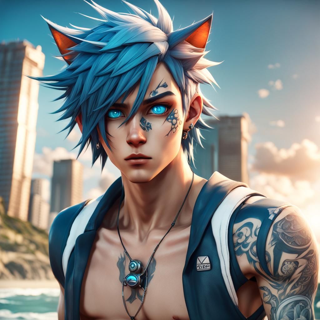 Anime Neko Boy with Tattoos in 3D Style