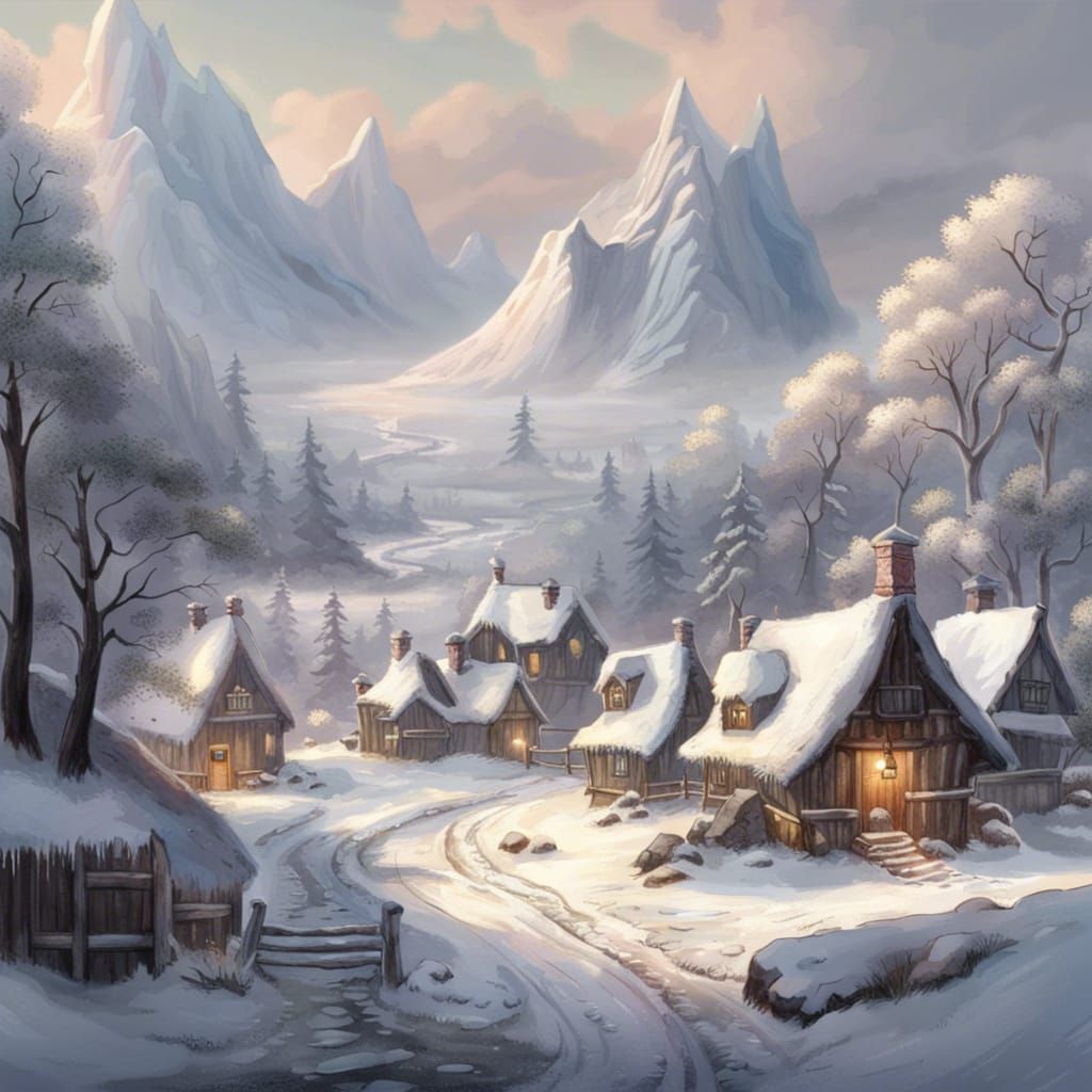 Elvish Village in Snowy Landscape, Mixed Media Art