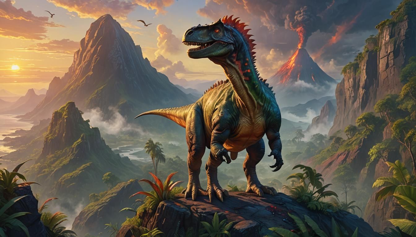 Cretaceous Dinosaur on Cliff Edge in Oil Painting Style