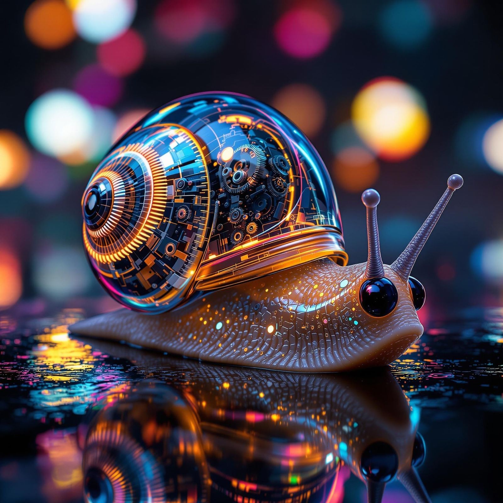 Cyberpunk Snail with Transparent, Glowing Shell